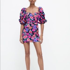Zara Puff Sleeve Floral Printed Belted Mini Dress (New, Never been worn)